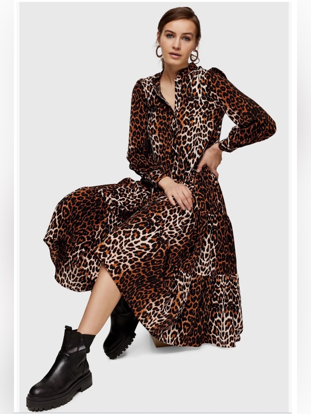 TOPSHOP Leopard Print Tiered Long Sleeve Midi Shirtdress, size 4-6